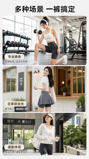 [第7屏] 多场景穿搭展示-呈现高腰骑行短裤不同搭配与适用场景效果。
[氛围/风格] 生活方式种草风，自然氛围感，多场景真实感，年轻有活力。
[元素布局] 页面分三格场景拼图，从上到下依次展示三个核心预览效果