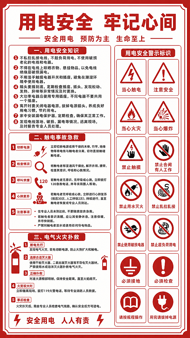 设计一张全新的用电安全知识宣传海报，左侧包含用电安全知识、触电事故急救、电气火灾扑救文字板块，右侧排列各类用电安全警示标识，采用白底红字红色边框设计，风格清晰规范，适合公共场所张贴，完整保留所有安全知识内容