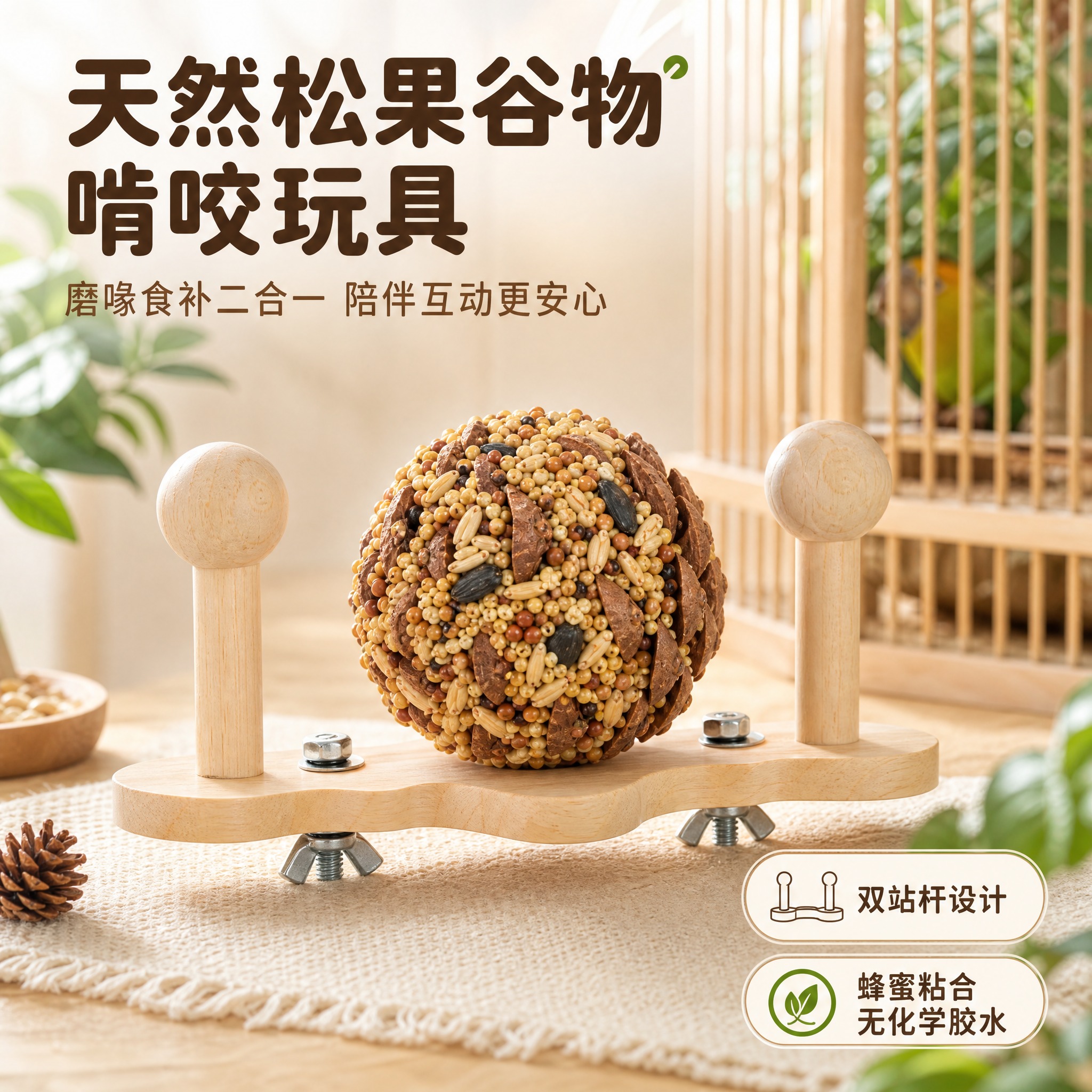 [主图-1] 鹦鹉松果谷物啃咬玩具首图，突出天然原料与双站杆互… - 图片创意预览