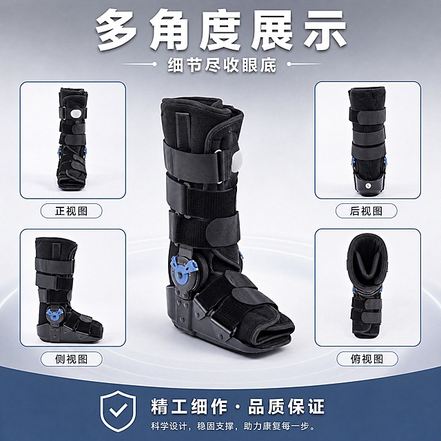 [主图-9] 可调式气囊跟腱靴 产品多角度展示 360°全貌
[统一基调] 京东风格 简洁稳重 浅灰渐变背景 主色深蓝灰 辅助色医疗蓝 标题白色粗黑体 说明文字深灰 整体高信息密度满版构图 文字占比小于30%
[画面] 中心主图展示可调式气囊跟腱靴独立产品斜侧视角 占画面约40% 周围环绕四个角度小图 正视图 后视图 侧视图 俯视图 每个角度图下方标注角度名称 顶部主标题 多角度展示 细节尽收眼底 底部加一行 精工细作 品质保证 说明文字
[光影质感] 各角度产品图商业摄影精修质感 黑色面料干净无灰尘 塑料件高光清晰 金属铆钉锐利 各角度光线统一 投影自然
[配色] 背景浅灰渐变 产品黑色为主 角度标签蓝色边框 标题白色 标签文字深灰
[文字版式] 主标题顶部居中大号粗黑体白色 中心主图 四周小图环绕 每小图下方短标签 底部通栏白色小字
[输出要求] 1:1正方形 2048x2048 各角度产品清晰 结构一致 无变形 文字可读 无错字 无水印 无平台Logo