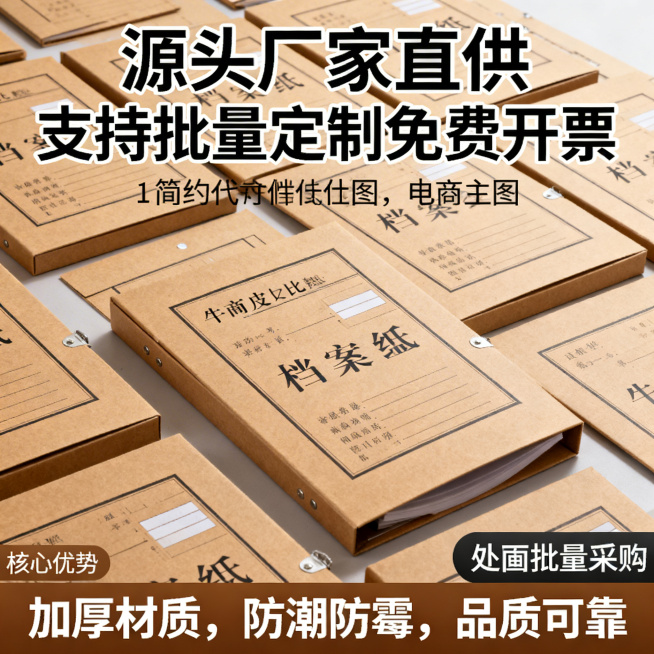生成牛皮纸档案盒电商第五张主图，多个档案盒整齐平铺摆放，突出量感，主标题文字"源头厂家直供 支持批量定制免费开票"，下方标注核心优势：加厚材质，防潮防霉，品质可靠，引导批量采购，风格简约性价比，符合国预览效果