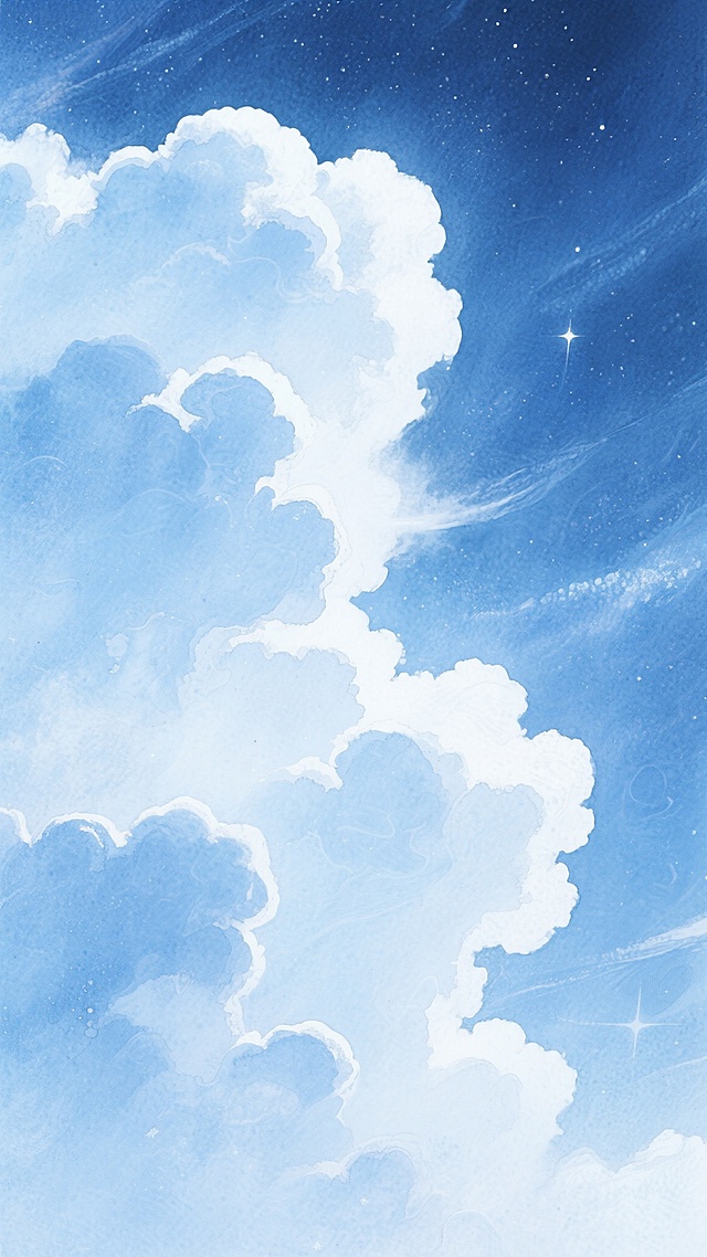 全景镜头下的宇宙虚空，层层叠叠的淡蓝色星云如水彩般轻柔晕染开来，形成如梦似幻的背景，洁白似雪的气体云团自然地勾勒出云朵的形状，每一处边缘都如被天使的手指轻轻抚过，笔触细腻而柔和，整个画面没有任何多余元素的干扰，只沉浸在这份宁静而清新的氛围里，色调以柔和的淡蓝色为主，点缀着丝丝透亮的白色，营造出空灵、静谧的感觉，水彩画质感，透明晕染效果，柔和光影，清新淡雅，无边无际的宇宙空间感，轻柔梦幻的视觉效果，细腻柔和的笔触纹理，纯净无瑕的色彩过渡，宁静致远的宇宙意境。