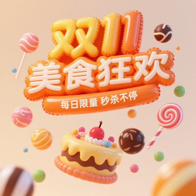 背景简约干净，居中构图。主标题“双11 美食狂欢”，笔画圆润饱满，橙黄色渐变，边缘高光闪亮。副标题“每日限量 秒杀不停”置于橙色光条内。周围点缀 卡通风格小蛋糕、圆形糖果、巧克力球、棒棒糖、糖果粒子，预览效果