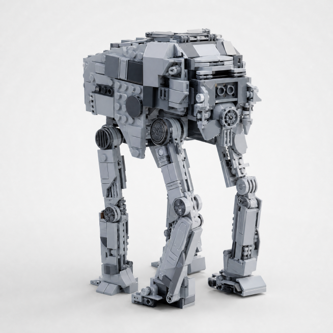 电商主图，MOC AT-M6中型机甲积木，突出展示机甲背面细节和整体轮廓，干净简洁背景，突出灰色机甲冷峻质感，产品清晰展示，适合淘宝平台预览效果