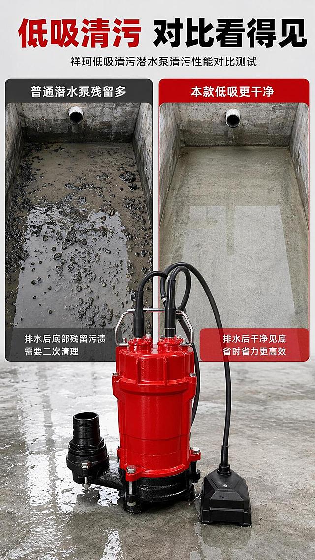 [第6屏] 详情页功能测试页-祥珂低吸清污潜水泵清污性能对比测试。本屏使用【图1】产品主体，放置在测试场景中。
[氛围/风格] 真实测试风，对比直观，性能可视化，专业可信。
[元素布局] 顶部标题，画面分为左右两栏对比：左栏为普通潜水泵排水后残留污渍，右栏为本款低吸清污潜水泵排水后干净见底；产品主体放置在两栏下方中心，保持外观与原图一致。
[光影质感] 场景自然光，对比清晰，明暗适中，产品突出。
[配色色系] 整体浅灰背景，左栏残留区域加深色调，右栏干净区域提亮，红色产品主体突出，对比明显。
[视角构图] 左右分栏对比构图，产品在底部，视觉焦点先看对比再看产品，动线清晰。
[文字版式] 主标题「低吸清污 对比看得见」，左右栏分别标注「普通潜水泵残留多」「本款低吸更干净」，文字清晰，标注明确。
[比例分辨率] 9:16 竖版比例，4K 分辨率，文字清晰可辨，高清画质。
[负向提示词] 对比不清晰，产品变形，文字错乱，颜色偏差，水印，拼接生硬。