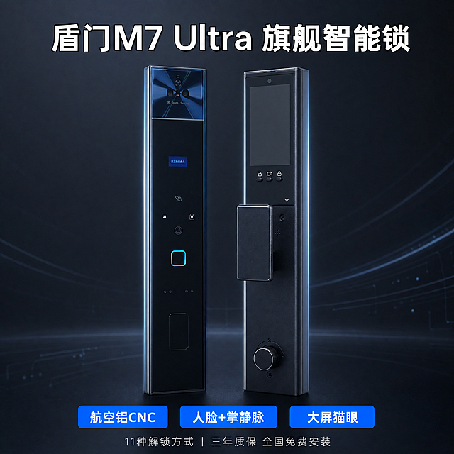 「图片1」「图片1」生成800×800px电商主图，极简轻奢科技风，影棚级商业摄影，高清8K超写实。
画面中心左右对称摆放盾门M7 Ultra：左侧是室外前面板（附图1，顶部带蓝色放射状3D摄像头模组），右侧是室内后面板（附图2，带4.5寸高清大屏），45°斜视角，产品占画面70%面积，边缘添加淡蓝色高光，突出金属质感。
背景是深空灰渐变（上浅下深），叠加极淡蓝色科技线条光纹（透明度10%）。
顶部居中白色超大字：盾门M7 Ultra 旗舰智能锁（思源黑体Bold，加1px黑描边）
底部居中并排3个蓝色圆角标签（#165DFF，圆角8px），文字白色24px：
1. 航空铝CNC
2. 人脸+掌静脉
3. 大屏猫眼
最底部小字：11种解锁方式 | 三年质保 全国免费安装（浅灰色思源黑体Regular）
无多余杂物，画面干净高级，输出300DPI高清PNG。