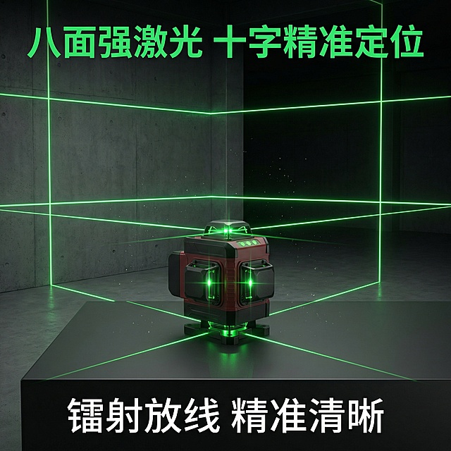 [主图主题] 八面激光效果演示主图
[氛围/风格] 简约暗光效果展示
[画面元素] 罗盘开启全部八道绿色激光，激光线条笔直清晰，在偏暗的简约室内环境中展示激光效果，产品居中放置，背景简洁不干扰主体，突出激光功能卖点
[配色色系] 暗色背景突出绿色激光和红色主体，对比强烈吸引眼球
[视角构图] 平视居中，激光效果完整展示
[文字版式] 顶部主标题 "八面强激光 十字精准定位"，绿色粗体大字；底部卖点 "镭射放线 精准清晰"，白色字体，文字排版在上下留白处，不遮挡激光和产品主体
[比例分辨率] 2k 分辨率