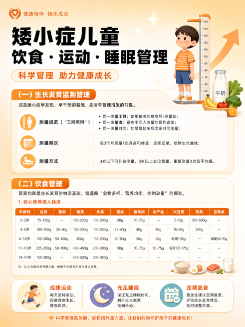 按照参考图的样式，设计一张210x285mm竖版的宣传单页，主题是矮小症儿童饮食运动睡眠管理，内容包括：（一）生长发育监测管理，这是矮小症早发现、早干预的基础，是所有管理措施的前提。测量规范（“三同原预览效果