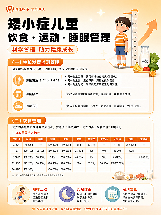 按照参考图的样式，设计一张210x285mm竖版的宣传单页，主题是矮小症儿童饮食运动睡眠管理，内容包括：（一）生长发育监测管理，这是矮小症早发现、早干预的基础，是所有管理措施的前提。测量规范（“三同原则”）：同一测量工具：使用精准的身高尺/测量仪；同一测量者：避免不同人测量的操作误差；同一测量时间：如早晨起床后固定时间测量；测量频次：每3个月测量1次身高和体重，连续记录，绘制生长曲线；测量方式：3岁以下仰卧位测量，3岁以上立位测量，重复测量3次取平均值。（二）饮食管理：营养均衡是生长发育的物质基础，需遵循“食物多样、营养均衡、控制总量”的原则。1. 核心营养摄入标准，附上表格，表格内容：年龄段2-3岁：谷类75-125g，蔬菜100-200g，水果100-200g，蛋类50g，畜禽肉50-75g，大豆类5-15g，奶类350-500g；4-5岁：谷类100-150g，薯类25-50g，蔬菜150-300g，水果150-250g，蛋类25-40g，畜禽肉40g，水产品40g，大豆类15-20g，奶类300g；6-10岁：谷类150-200g，薯类50-100g，蔬菜300g，水果150-200g，蛋类40-50g，畜禽肉50g，水产品50g，大豆类每周105g，坚果类每周50-70g；11-13岁：谷类225-250g，薯类50-100g，蔬菜400-450g，水果200-300g，蛋类50g，畜禽肉50-75g，水产品50-75g，大豆类每周105-175g；14-17岁：谷类15-100g，蔬菜450-500g，水果300-350g。整体排版参考参考图的暖橙渐变风格，清晰易读，医疗健康科普风格