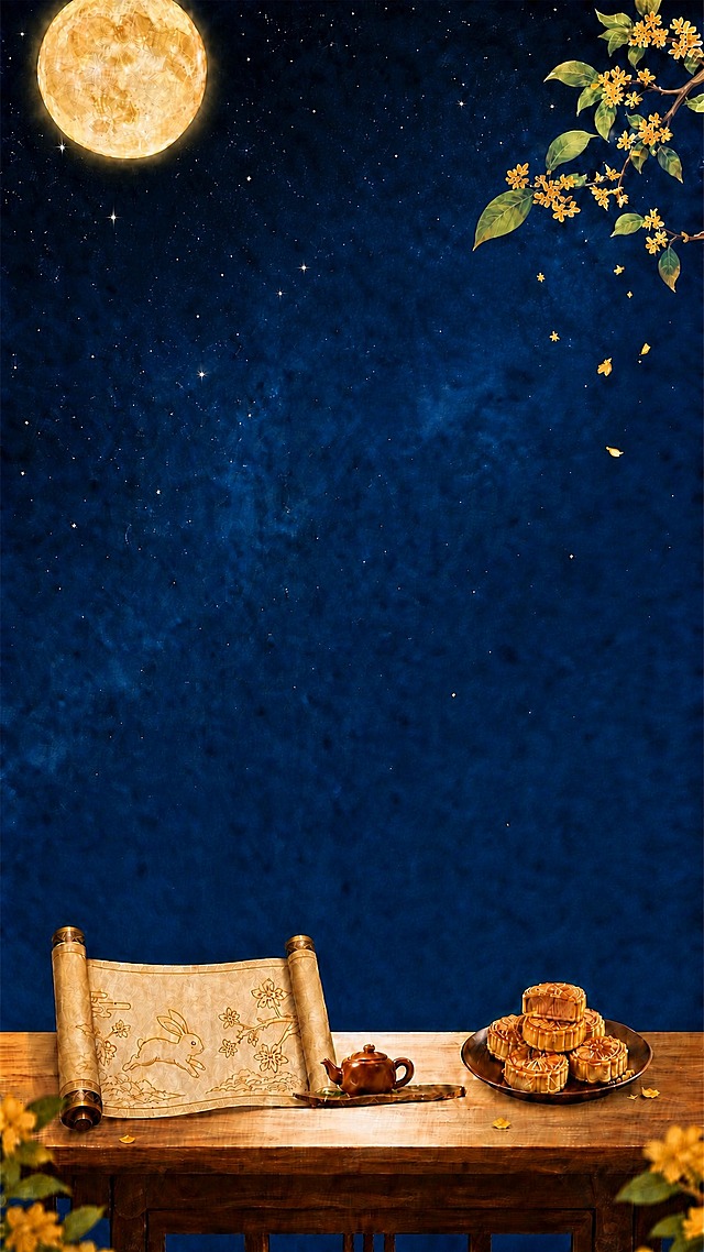 基于参考图修改，保持9:16竖版比例，保留深蓝色星空背景和下方的木桌、卷轴、茶壶、月饼等所有下半部分元素不变。上半部分只保留左上角的金色满月和右上角的桂花树枝，移除上半部分的兔子、灯笼、云朵形状牌匾、白色飞鸟等所有其他元素，保持整体国潮插画风格一致，画面和谐自然