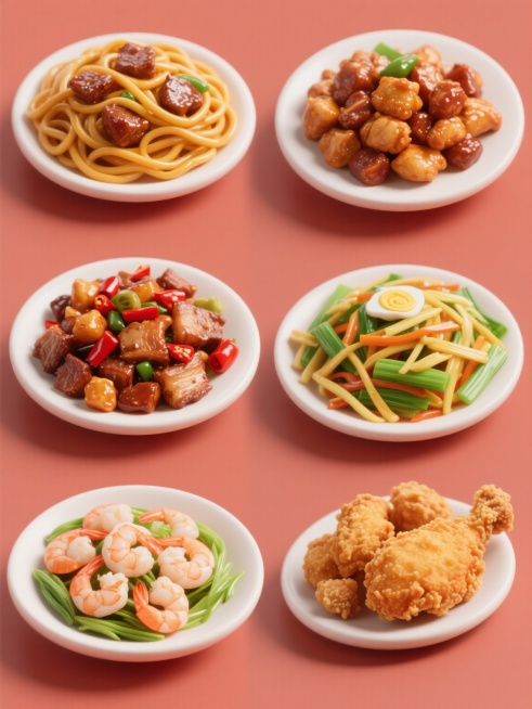 1. 特写视角，6个等距排列的纯色背景美食特写，第一格是根根分明油亮金黄的牛肉炒面，第二格是酱香浓郁颗粒分明的宫保鸡丁，第三格是色泽红亮辣椒点缀的回锅肉，第四格是翠绿蔬菜搭配金黄蛋丝的炒三丝，第五格是鲜汁饱满虾仁饱满的龙井虾仁，第六格是香嫩鸡块裹粉酥脆的炸鸡块，高清晰细节足，光线柔和立体感强，突出各中餐美食诱人质感与丰富色彩预览效果