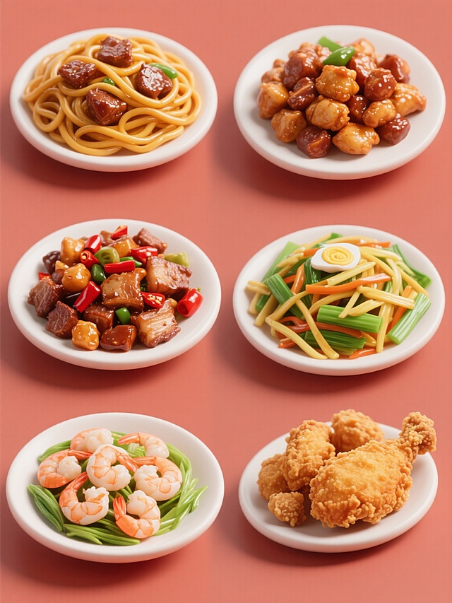 1. 特写视角，6个等距排列的纯色背景美食特写，第一格是根根分明油亮金黄的牛肉炒面，第二格是酱香浓郁颗粒分明的宫保鸡丁，第三格是色泽红亮辣椒点缀的回锅肉，第四格是翠绿蔬菜搭配金黄蛋丝的炒三丝，第五格是鲜汁饱满虾仁饱满的龙井虾仁，第六格是香嫩鸡块裹粉酥脆的炸鸡块，高清晰细节足，光线柔和立体感强，突出各中餐美食诱人质感与丰富色彩
