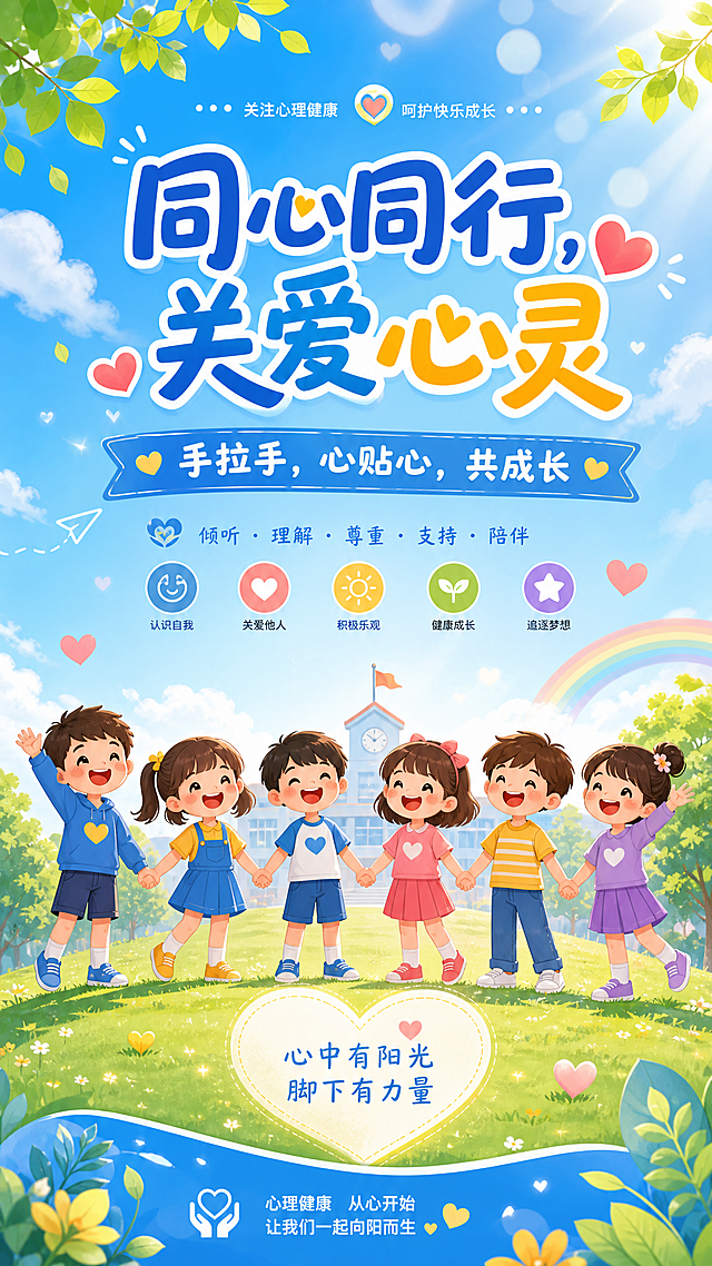小学生心理健康主题电子海报，主题为"同心同行，关爱心灵"，口号是"手拉手，心贴心，共成长"，多个卡通小朋友手拉手，蓝色和谐配色