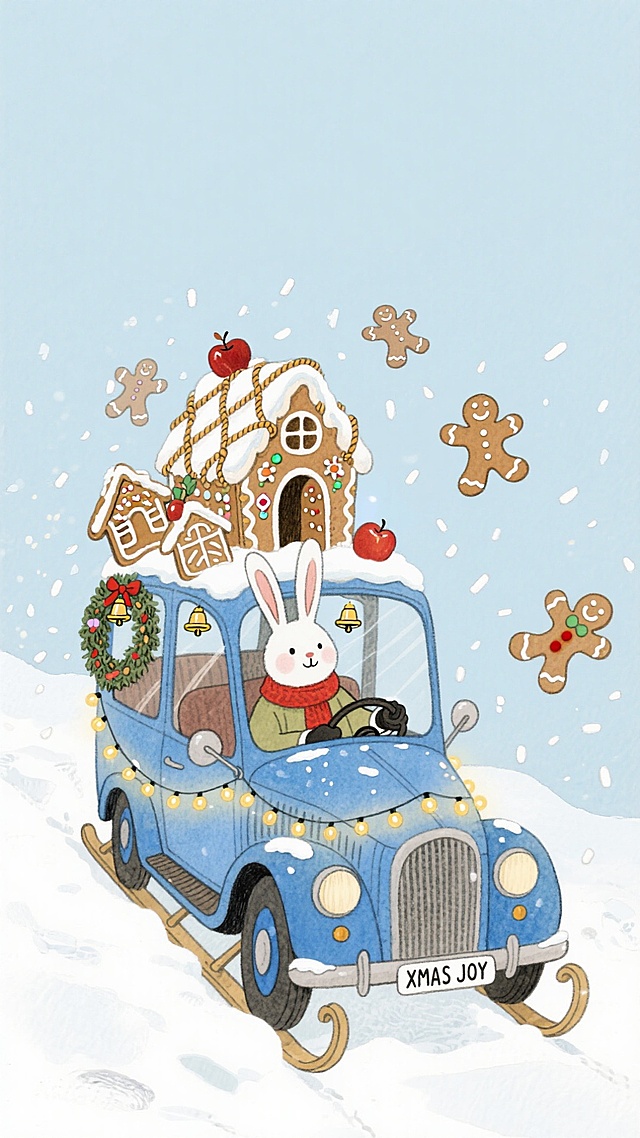 水彩风格插画，拟人兔驾驶雪橇车，载着姜饼屋穿行雪景，环绕姜饼人与彩灯，充满可爱、卡通、喜庆与温馨的节日氛围。