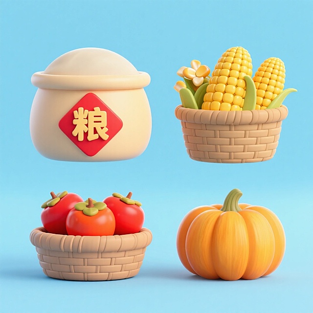 4个中秋素材组合，可爱电商促销感。素材包括：第一个粮仓（贴着带有 “粮” 字的红色菱形福字）；第二个一筐玉米；第三个一筐柿子；第四个南瓜。画面整体呈现鲜艳效果，淡蓝色背景。上下两行，排列整齐