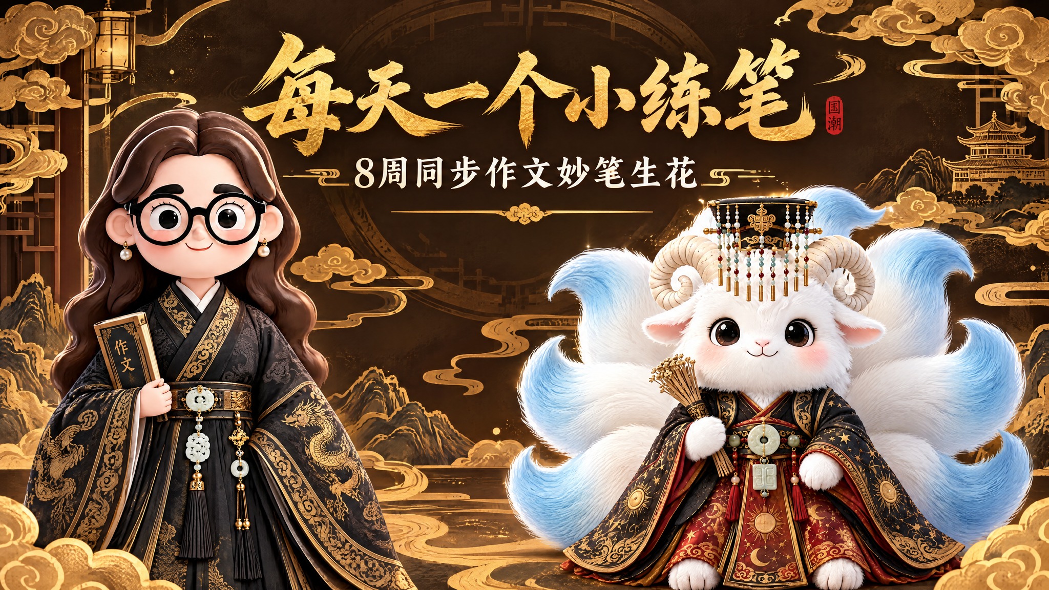 横版教育宣传图，尺寸540x292，左侧放置戴黑框眼镜、穿黑金… - 图片创意预览
