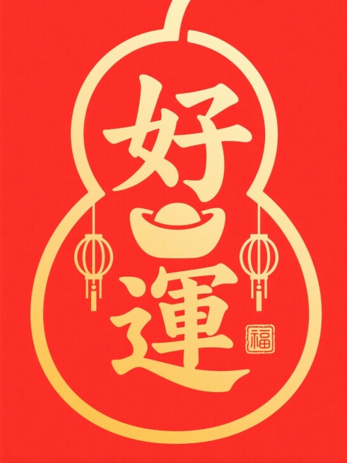 上下排列的书法风格金色“好運” 二字，二字中间放置一个米黄色元宝剪影，元宝两侧对称悬挂两个中式传统灯笼剪影，字及元素被葫芦形边框包裹，搭配“福”字印章，红黄色调，背景为红色。预览效果
