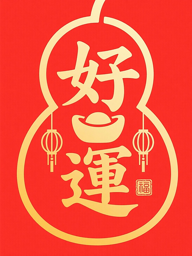 红金双色剪纸风设计，葫芦造型融合“好运”字样，融入灯笼与元宝元素，国潮风格浓郁，喜庆祥和，传递春节祝福。