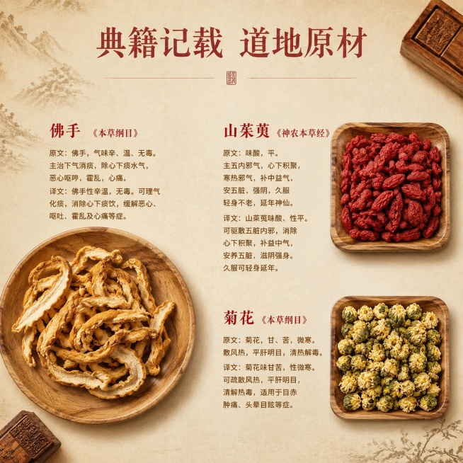 [主图-1] 典籍记载道地原材三款药食同源食材首图，三个食材（佛手、山茱萸、菊花）放在一张图中。[氛围风格] 中式复古国风，传统中医药膳文化氛围；[画质] 商业摄影质感、光线柔和通透、产品清晰真实、画预览效果