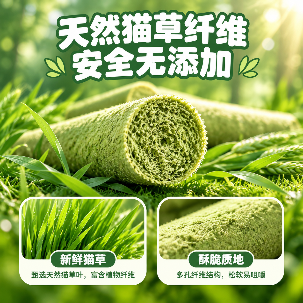 [主图-3] 猫草棒细节与原料图，核心任务是展示产品的天然成分… - 图片创意预览