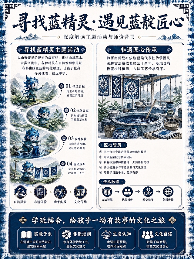 [商品] 旅游服务类商品，使用【图1】作为底图进行修改。保留左侧「寻找蓝精灵主题活动」全部内容、底部「学玩结合」四大价值模块、整体扎染边框和版式完全不变。仅修改右侧「非遗传承人」板块：去掉传承人肖像照片、去掉具体姓名「王永清」、去掉荣誉证书图片，将右侧板块改为「非遗匠心传承」主题，用扎染工坊场景插画/蓝靛染缸手作插图替代人物照片，文字内容保留传承资历描述但去掉具体人名和可识别身份信息。
[画面] 页面目标：移除非遗传承人具体姓名和肖像，改为匿名化的非遗匠心介绍。左侧蓝精灵四步寻灵活动完全保留不动，底部四大价值模块完全保留不动。右侧上半部分人物照片替换为扎染工坊/蓝靛染缸/手作扎染的蓝白插画风格场景图，与左侧插画风格统一。右侧文字区保留资历描述但删除姓名和具体身份指向。
[视觉] 套系策略与原图完全一致：风格=蓝白扎染国潮风；标题字=毛笔书法大字；正文字=简洁宋体/黑体；主色=靛蓝色；背景延展=扎染晕染纹理、宣纸质感底纹；强调色=暖金色；组件=扎染纹理边框、回纹角饰、圆形图标；光影=均匀平面插画风格。整体视觉与原图100%统一。
[文字] 右侧板块标题改为「非遗匠心传承」。正文改为：黔西南州级布依族蓝染代表性传承团队，深耕古法布依蓝染三十余年，基地自有板蓝根种植田，古法工艺传承有序。「师资履历」改为「匠心资历」，内容改为：三十余年专注古法蓝染传承与教学；布依蓝染技艺传承团队；自有板蓝根种植基地，天然染材把控；多次受邀参与非遗展演与文化交流；培养学员逾千名，传承有序。「传承脉络」保留不变。其余所有文字、左侧内容、底部内容均保持原样不动。文字均为横排。
[规格] 国内电商详情页比例3:4竖版，分辨率4K，负向提示：避免改动左侧任何内容、避免改动底部模块、避免整体版式偏移、避免出现具体人名和人物肖像、避免文字错字模糊、避免竖排文字、避免二维码、避免极限词。