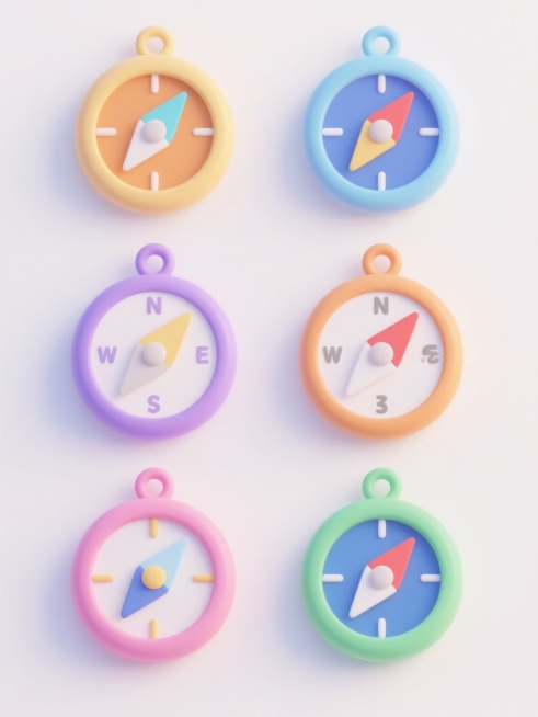 六个不同配色、不同样式的卡通风格指南针，保持圆润造型和简洁线条，每个指南针拥有独特的色彩搭配和细节设计，白色背景，整齐排列，明亮柔和的光线，无阴影，扁平化3D效果，简约可爱的设计感。预览效果