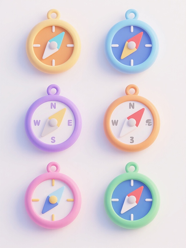 六个不同配色、不同样式的卡通风格指南针，保持圆润造型和简洁线条，每个指南针拥有独特的色彩搭配和细节设计，白色背景，整齐排列，明亮柔和的光线，无阴影，扁平化3D效果，简约可爱的设计感。