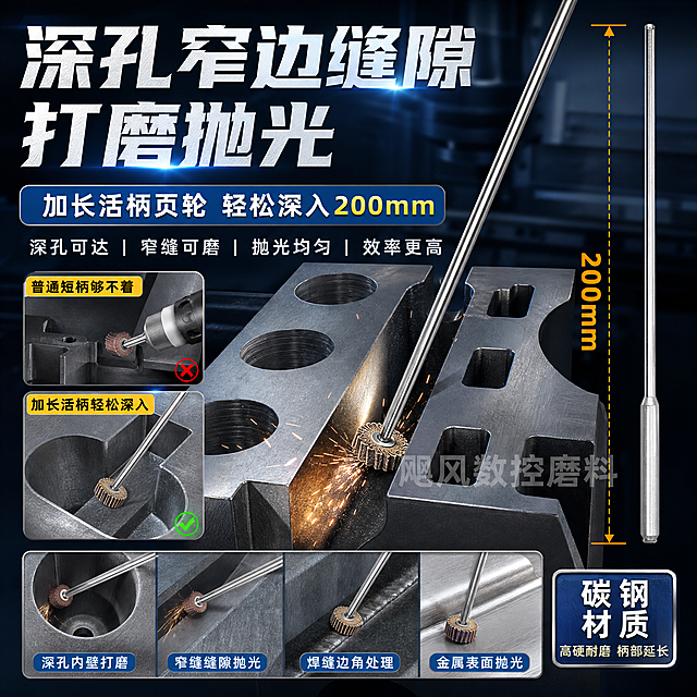 淘宝1:1主图，五金工具风格，展示"深孔窄边缝隙打磨抛光"应用场景，体现加长活柄页轮的优势，添加水印文字"飓风数控磨料"，工业风背景