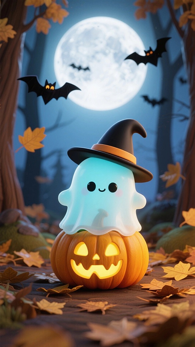 有一个萌系幽灵戴着巫师帽，坐在发光的南瓜灯上。背景是布满落叶的树林，圆月高挂，蝙蝠飞舞，光影柔和，营造出神秘的万圣节氛围。