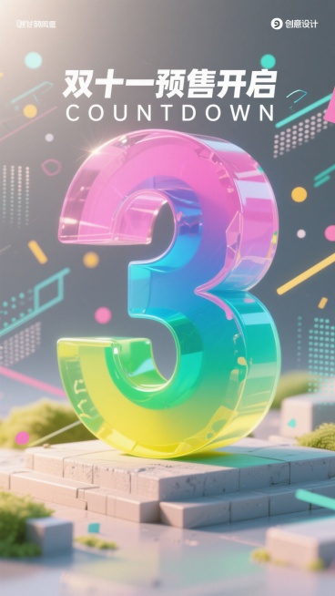 巨型粉蓝绿黄循环渐变数字 “3”，2d效果，数字上覆盖一片不规则毛玻璃，有“双十一预售开启 COUNTDOWN"字样，背景为灰色海报，融入不规则炫光、线条，乱码、波点等元素，整体营造紧迫的促销倒计时氛预览效果