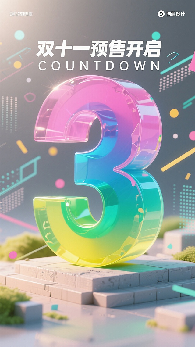 巨型粉蓝绿黄循环渐变数字 “3”，2d效果，数字上覆盖一片不规则毛玻璃，有“双十一预售开启 COUNTDOWN"字样，背景为灰色海报，融入不规则炫光、线条，乱码、波点等元素，整体营造紧迫的促销倒计时氛围
