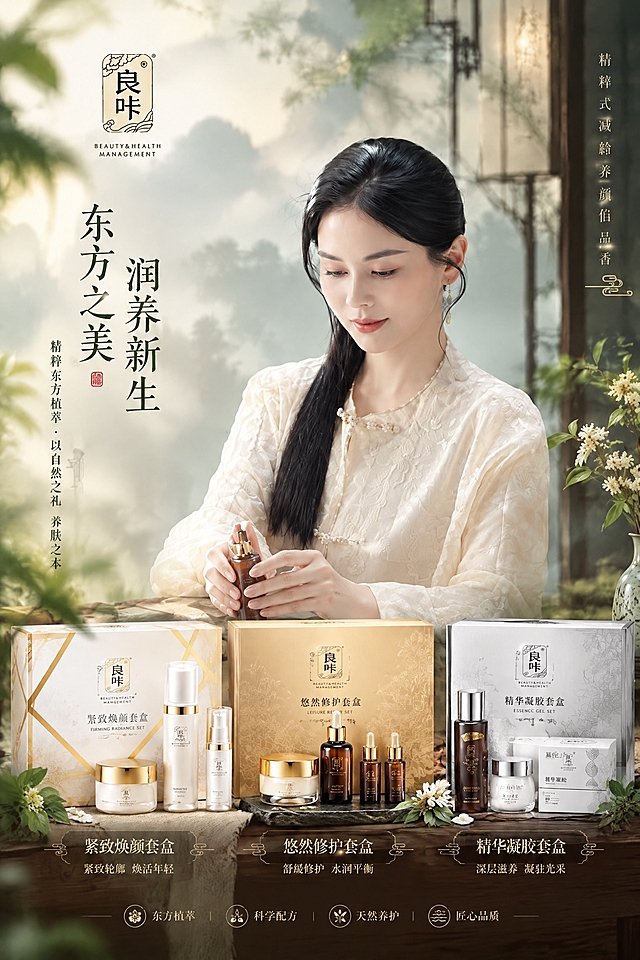 重新设计这张东方美妆海报，重点强化下方三款产品套盒的视觉存在感和清晰度。保持人物作为主视觉在上半部分，下半部分的三款护肤套盒（白色紧致套盒、金色悠然套盒、银白精华凝胶套盒）要更大、更清晰、更突出，产品细节完整可见，占据画面下方约40%的区域。三款产品整齐排列，每款产品都有足够的展示空间，产品包装上的文字和logo清晰可辨。整体仍保持新中式东方美学风格，光影柔和高级，产品与人物场景自然融合，商业质感强烈。