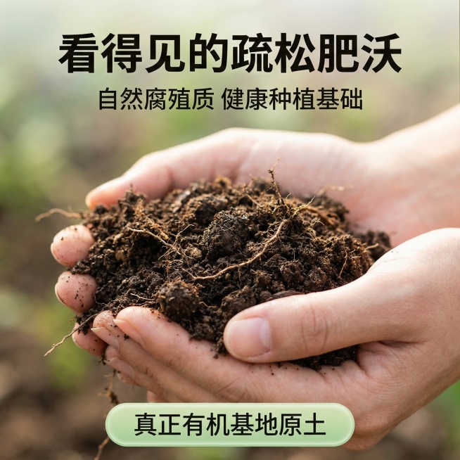 [主图主题]有机农场田园土 成分细节种草主图
[氛围/风格]自然清新风格，真实微距质感，温馨治愈
[画面元素]极致微距镜头特写有机田园土的颗粒，夹杂自然植物根系和细小腐殖质，一只干净的手轻轻捧起土壤，预览效果