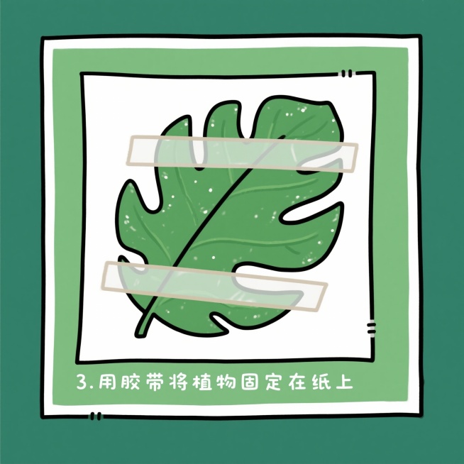 1.将植物浸泡在水（或盐水）中约20分钟
2.拿出浸泡好的植物擦干，摆在需要拓染的纸上
3.用胶带将植物固定在纸上
4.用橡胶锤均匀敲打
5.取下胶带晾干作品，按照该图片生成2、3、4、5步的图片预览效果
