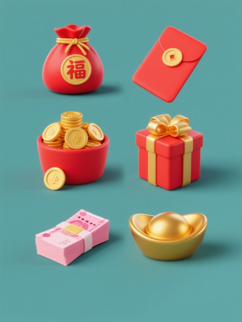 3D渲染风格，喜庆主题，六个规整排布的素材，整体造型简约现代，纯色背景，无任何文字、logo和水印。包含红色福袋（带有金色绳结和“福”字圆形标志）、红色红包、一堆金黄色金币、红色礼盒（带金色蝴蝶结）、一沓粉红色钞票、金黄色元宝。所有元素具有光滑的3D质感，高光和阴影细节丰富，主色调为红色和金黄色，色彩和谐统一，营造出欢快明亮的节日氛围。预览效果