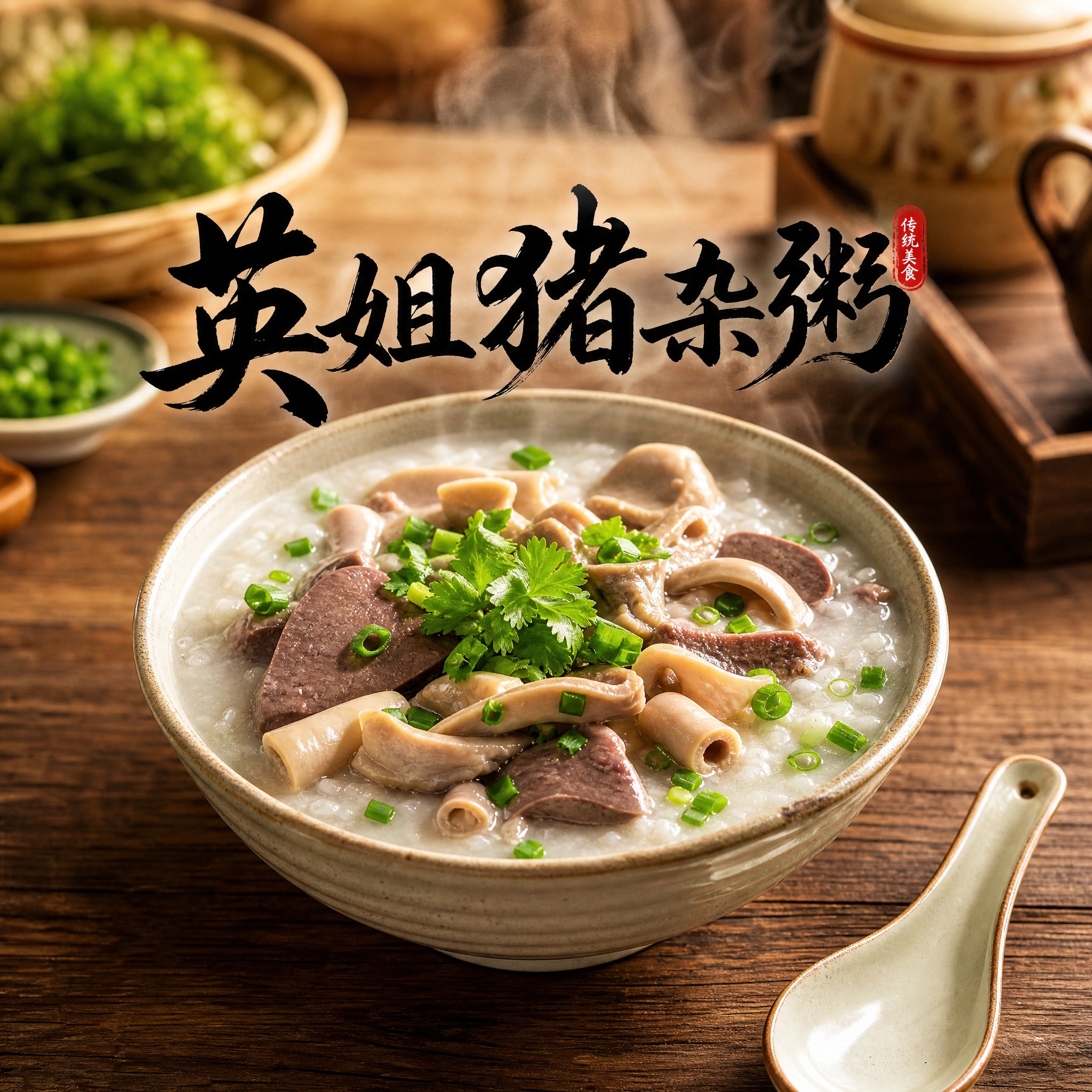 写实摄影风格的餐饮品牌头像，主体是一碗热气腾腾的猪杂粥，粥里有… - 图片创意预览