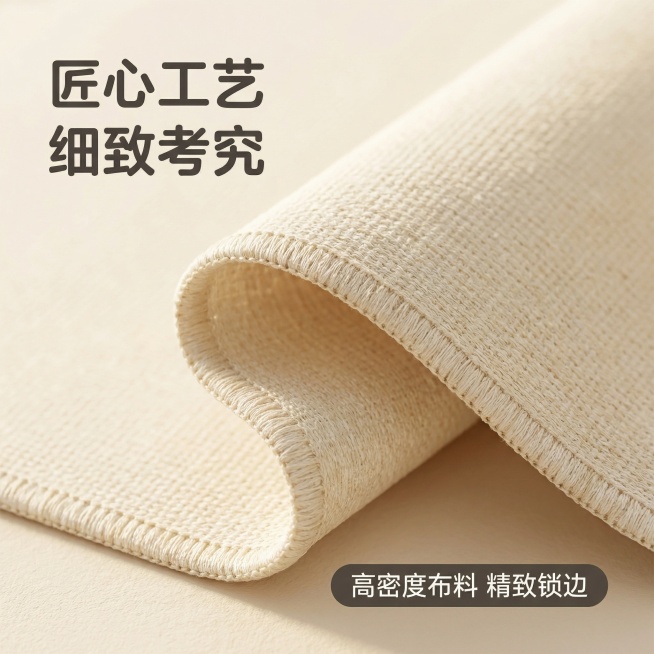 垫图：用户提供的空调挡风帘原图；主图主题：细节工艺展示；氛围/风格：清新治愈奶油北欧风，柔和微距特写；画面元素：放大展示挡风帘包边工艺和布料纹理，布料纹理清晰可见，包边整齐精致，浅奶油背景，柔和侧光突预览效果
