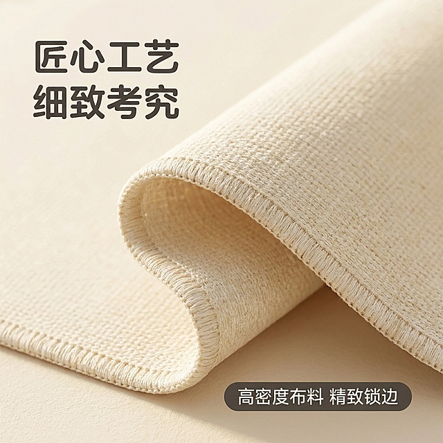 垫图：用户提供的空调挡风帘原图；主图主题：细节工艺展示；氛围/风格：清新治愈奶油北欧风，柔和微距特写；画面元素：放大展示挡风帘包边工艺和布料纹理，布料纹理清晰可见，包边整齐精致，浅奶油背景，柔和侧光突出材质质感，背景铺满全屏；配色色系：奶油米白为主，柔和暖调光影；视角构图：微距特写，聚焦细节；文字版式：顶部标题"匠心工艺 细致考究"，右下角圆角标注"高密度布料 精致锁边"，字体为圆角无衬线体，所有字体颜色统一为深灰色，字体简约不遮挡主体细节，风格和整套主图统一；产品材质细节保持真实，整体风格和首图统一