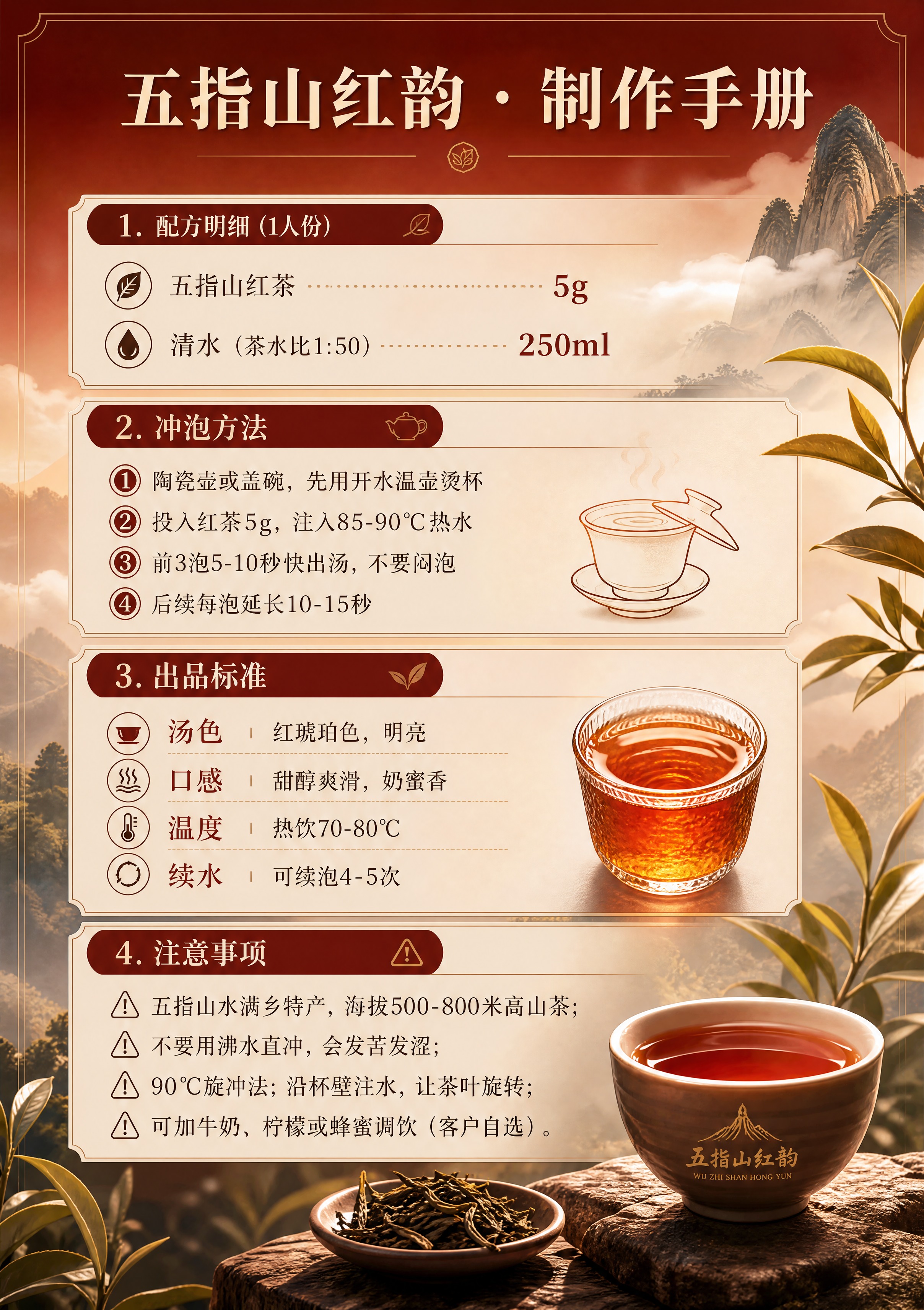 设计一张A5竖版茶品介绍立牌反面，五指山红韵专属高山红茶风格：… - 图片创意预览
