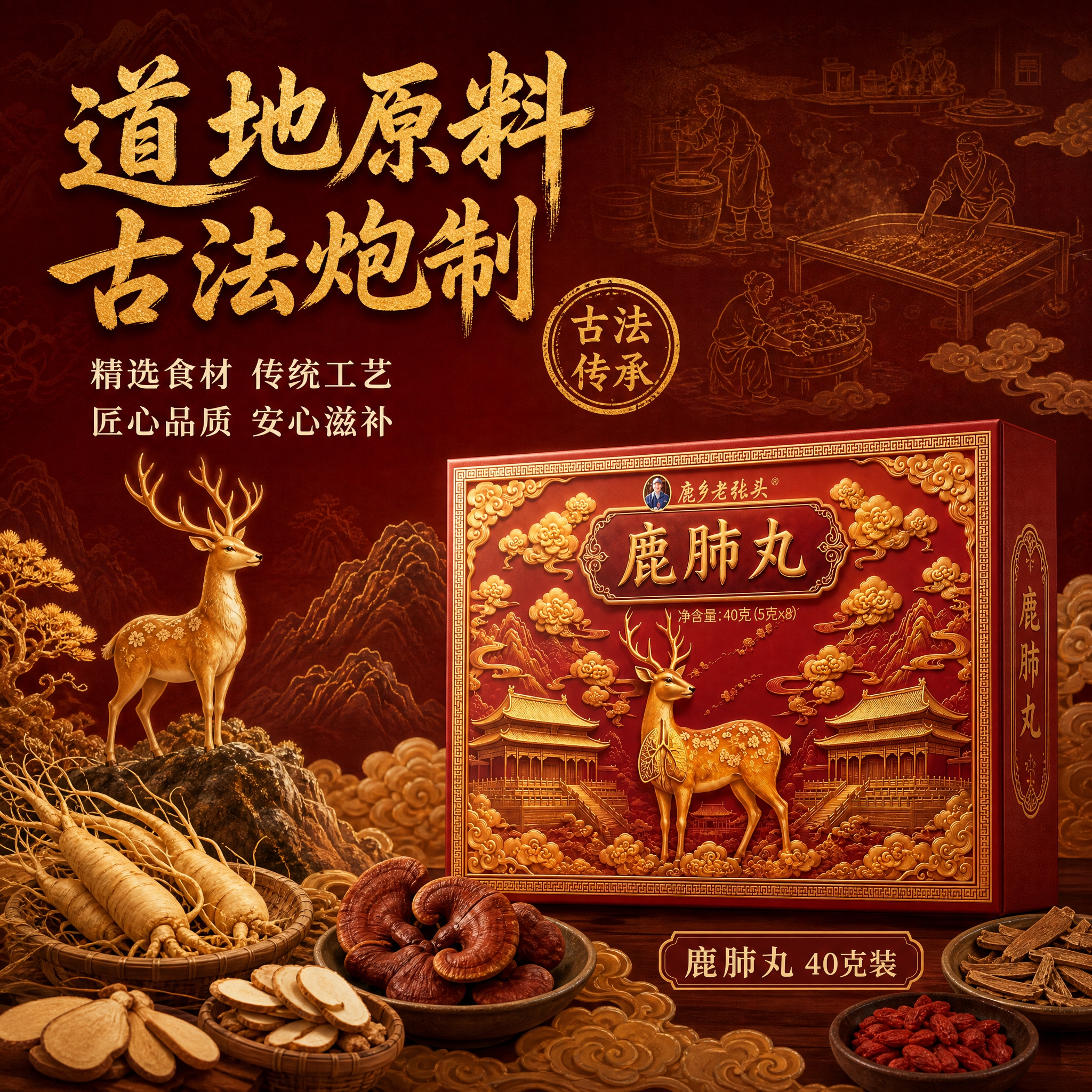 [主图-2 1:1] 抖音商品主图，主题为鹿肺丸原料溯源与品质… - 图片创意预览