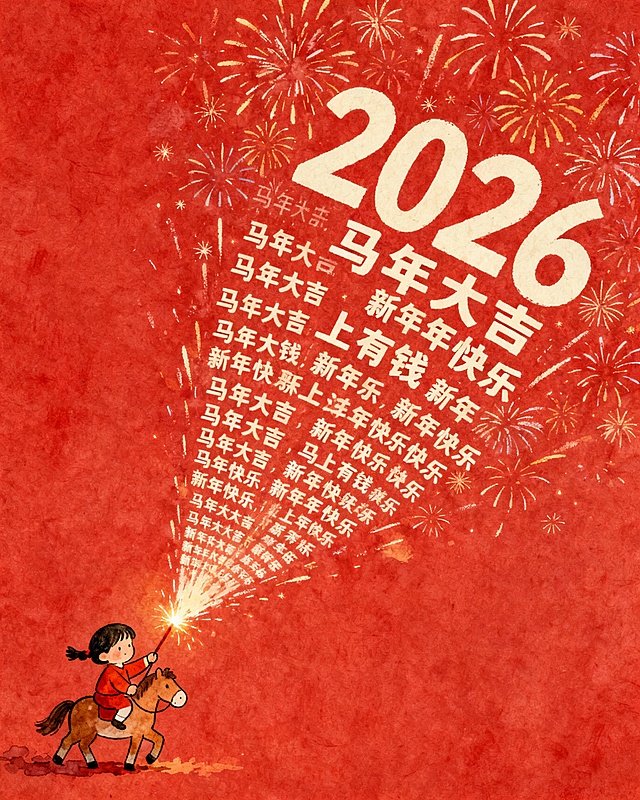 主体：左下角一个小女孩骑着马，手拿着点燃的礼花，礼花喷出的烟花自上而下落下米白色的2026、马年大吉、马上有钱，新年快乐小字重复出现，成烟火状，几乎铺满整个画面。
装饰元素：其余部分留白
色调：新年色调
背景：红色肯特纸
风格：手绘风格