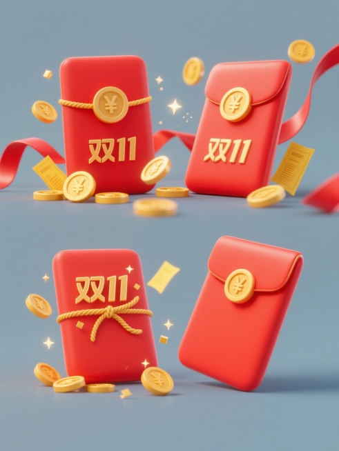 一套4个规整排布的电商营销场景素材，简约现代风格，纯色背景，无文字无logo无水印。第1个为原素材：两枚红色红包，金色绳结系着带日元符号的圆形金币，周围散落多枚金币、黄色票据和红色飘带，整体呈半立体插画风格，色彩明快，红色与金色为主色调，带有柔和高光和星星闪光效果。第2个变体红包：保持原红包造型、金币和飘带元素，红包上用简约金色字体加入“双11”字样，位于红包正面中央位置，与日元符号金币协调排……预览效果