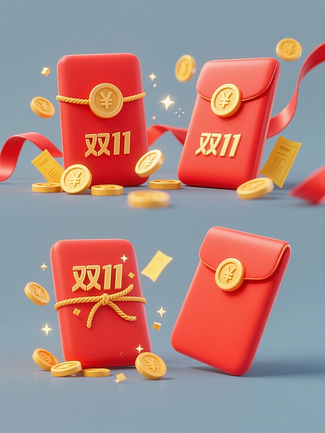 一套4个规整排布的电商营销场景素材，简约现代风格，纯色背景，无文字无logo无水印。第1个为原素材：两枚红色红包，金色绳结系着带日元符号的圆形金币，周围散落多枚金币、黄色票据和红色飘带，整体呈半立体插画风格，色彩明快，红色与金色为主色调，带有柔和高光和星星闪光效果。第2个变体红包：保持原红包造型、金币和飘带元素，红包上用简约金色字体加入“双11”字样，位于红包正面中央位置，与日元符号金币协调排布。第3个变体红包：保留核心红色红包与金色装饰，“双11”字样以艺术化金色字体设计在红包绳结下方，周围点缀少量额外金色闪光元素。第4个变体红包：维持整体简约现代感，红包侧面以倾斜角度呈现“双11”金色文字，与散落的金币形成视觉呼应，所有元素保持原有的半立体插画质感和光影效果。