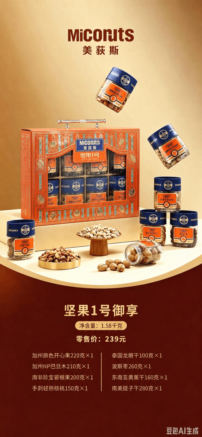 将图1海报中的坚果礼盒产品替换为图2中的坚果礼盒，保持图2礼盒… - 图片创意预览