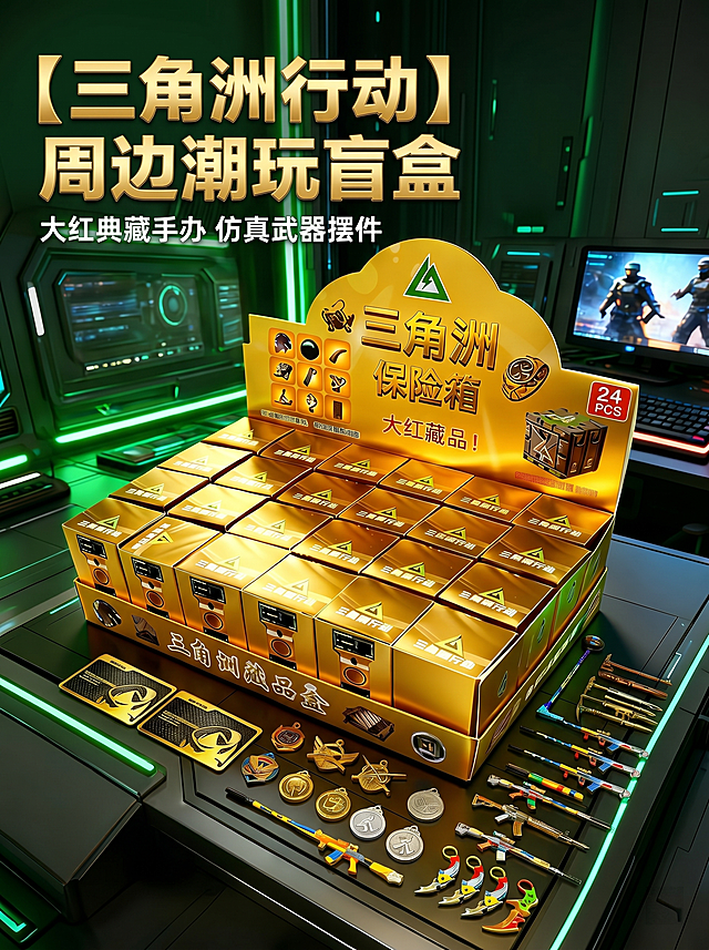 [主图 1] 三角洲行动周边盲盒产品展示首图
[氛围风格] 舒适治愈帅气游戏科技风
[画质] 商业摄影质感、光线柔和通透、产品清晰真实、画面干净高级，超高清
[元素] 金色三角洲行动保险箱盲盒整箱居中摆放，产品整体完整展示，右下角露出部分盲盒内的武器模型摆件引导看点。背景是暗绿色科技电竞房间环境，带有绿色霓虹灯带科技感。保持盲盒产品外观与输入产品图绝对一致，杜绝任何变形和色差，精细化处理。商品主体占比严格控制在 60%-80%之间，画面满屏无边框。
[光影] 主光源来自正面打亮产品主体，突出金色包装盒的金属质感，背景霓虹灯带作为点缀辅助光，整体光影通透有层次感，暗部清晰不发灰。
[配色] 主色调为暗绿搭配金色，科技感与精致感结合。
[视角构图] 平视四分之三视角，景深适中，产品主体清晰突出。
[文字版式] 左上负空间左对齐留安全边距，主标题 "【三角洲行动】周边潮玩盲盒" 金色粗体大字，深绿背景衬托，对比强烈清晰；副标题 "大红典藏手办 仿真武器摆件" 白色小号字体，在主标题下方。
[比例分辨率] 3:4 比例，2k 分辨率；文字清晰可辨，超高清。
[负向提示词] 变形，水印，文字错乱，产品图模糊，背景杂乱，文字遮挡主体