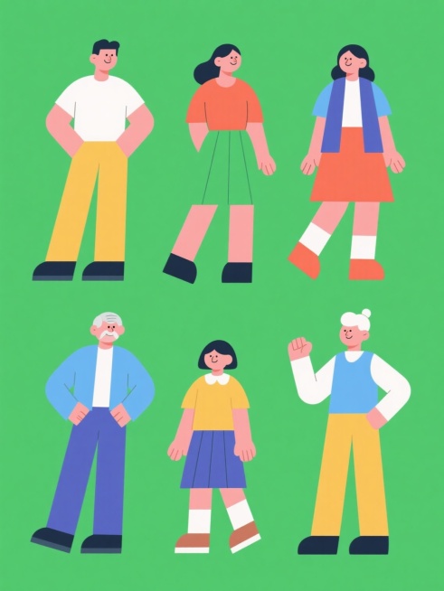 6个不同造型、角度的人物插画，同配色，系列素材集合，规整排布，有男有女，有老有少，纯色背景，卡通风格，扁平化设计，简洁线条，丰富色彩，人物姿态各异，动作自然，比例协调，细节刻画到位，适合设计素材使用。预览效果