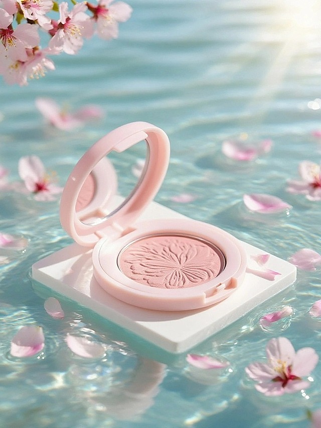 主体放置在透光湖水中的白色展台上，周围散落大量樱花花瓣，自然光线