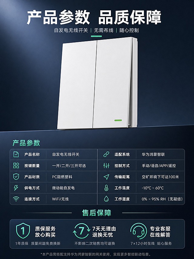 [详情页-第15张] 自发电无线开关 产品参数规格与品牌售后图（收尾页）。
[商品] 使用二开自发电无线开关；保留PC塑料材质、交通白色外观、绿色指示灯，产品外观与输入图完全一致。
[画面] 页面目标：提供完整产品信息，促成最终决策。参数表型版式，画面上方为产品斜角展示，占画面约40%。下方为产品参数表格，左右两列排列，包含：产品名称、按键数量、材质、供电方式、连接方式、适配系统、传输距离、工作温度等参数。底部有售后保障区域，包含质保服务、售后说明。背景为深灰蓝渐变，稳重收尾。
[视觉] 套系策略：风格=高级科技感商业摄影；标题字=现代无衬线粗体；正文字=简洁无衬线体；主色=深灰蓝；背景延展=基于深灰蓝做渐变层级、参数表格背景；强调色=青绿色，用于参数标题和售后标识；标题色=白色；正文色=浅灰色；组件=参数表格、售后保障卡、分隔线；光影=主光左上方，产品真实光影，参数区清晰可读。
[文字] 顶部大标题「产品参数 品质保障」白色粗体；参数表：产品名称 自发电无线开关；按键数量 一开/二开/三开可选；产品材质 PC阻燃塑料；供电方式 微动能自发电；连接方式 WiFi/无线；适配系统 华为鸿蒙智联；控制方式 手动/语音/APP/遥控；工作温度 -10℃~60℃；底部售后保障：「质保服务 放心购买」「7天无理由 退换无忧」「专业客服 在线解答」白色文字配青绿色售后图标。
[规格] 图片比例3:4竖版，2K，避免变形、错字、文字过小、虚构参数、淘宝/天猫等平台Logo、绝对化用语。