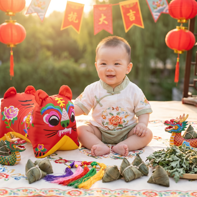 百天宝宝百天纪念照，可爱宝宝在夏天端午节氛围里，身边有传统红色刺绣布老虎玩偶，温馨喜庆氛围预览效果