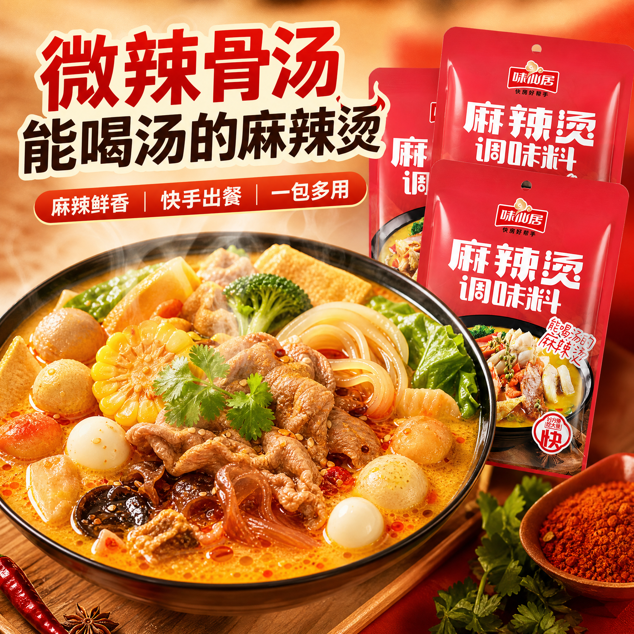 抖音电商1:1正方形主图，味仙居微辣骨汤麻辣烫料首图。画面主体… - 图片创意预览